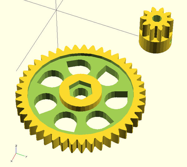 Greg's gears for his Accessible Extruder. Gear ratio is 10:43.