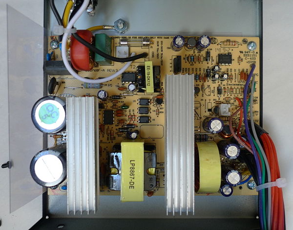 Another view of the innards of our ATX PSU, with the PFC coil connector and the fan connector disconnected.