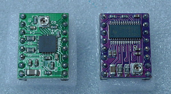 A4988 and DRV8825 stepper driver boards side by side.