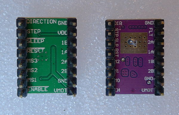 A4988 and DRV8825 stepper driver boards, underside.